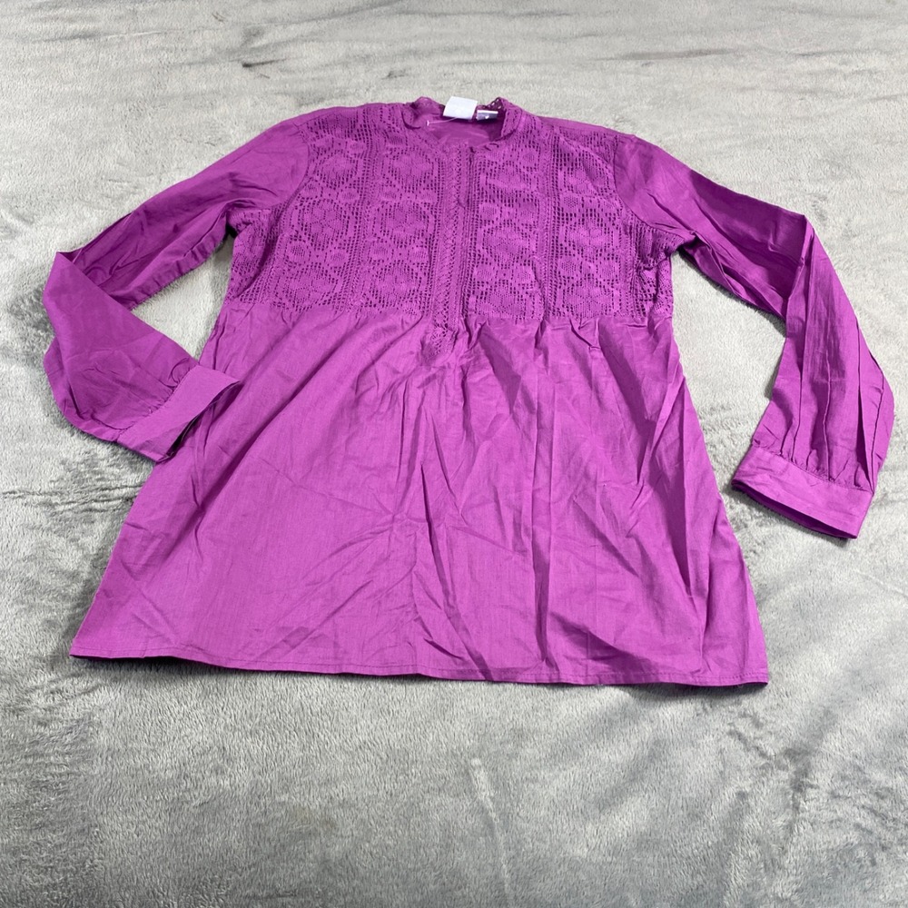 Caribbean Joe Tunic Top Womens S Purple Crochet Lace Boho Long Sleeve Cotton